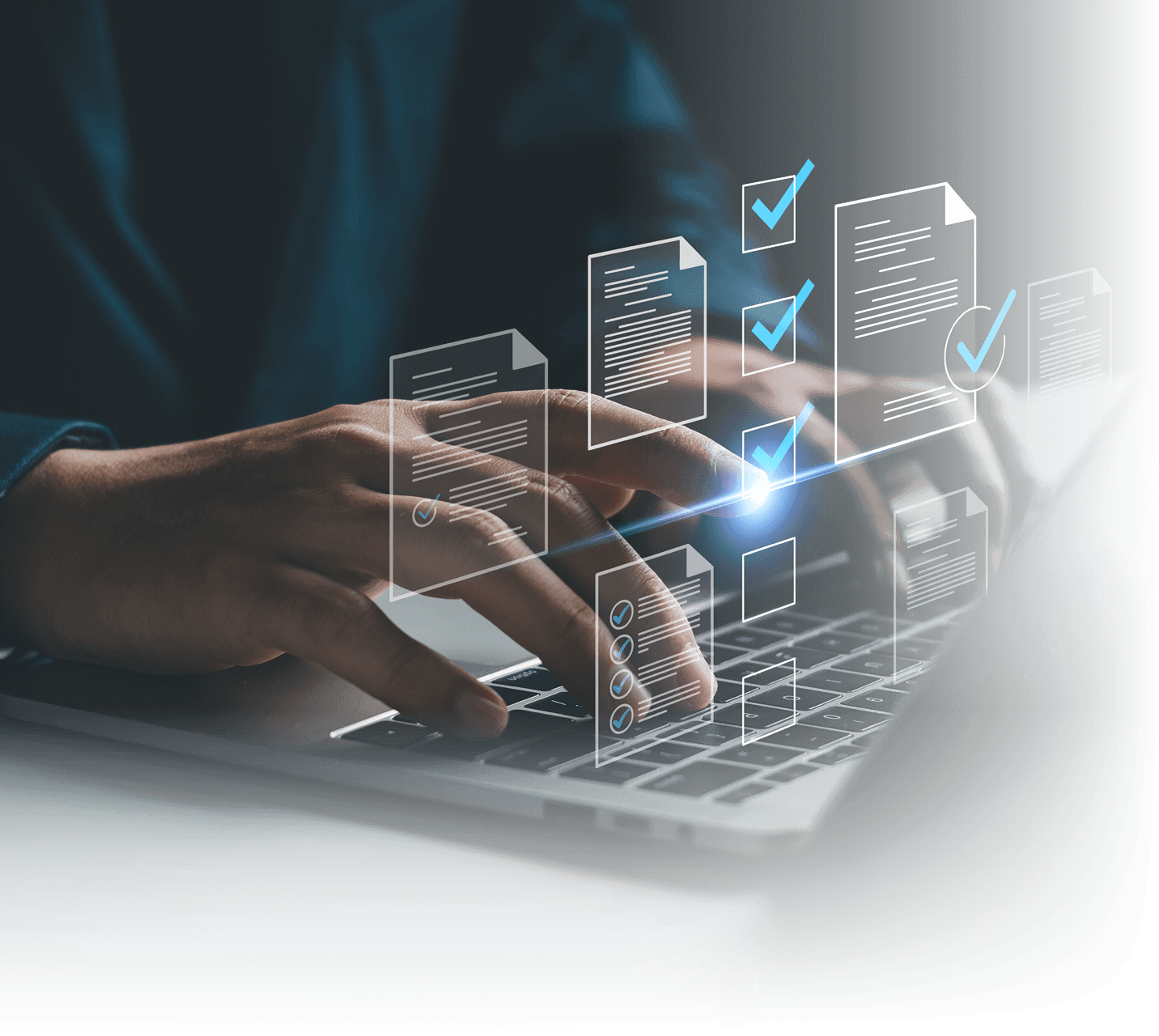 a person typing on a laptop with digital forms and checkmarks floating over the keyboard - from NPI's investigation services