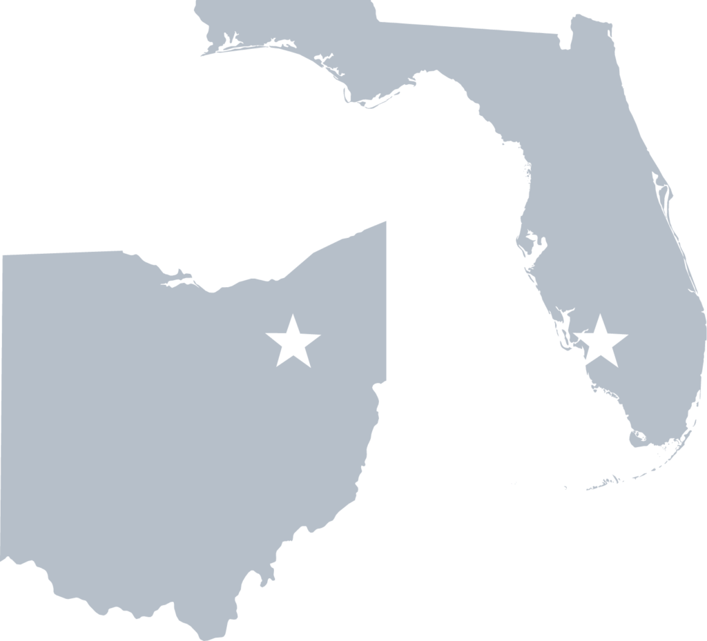 Clipart showing the states of Ohio and Florida with office locations marked with a star - from about Narrow Path Investigations
