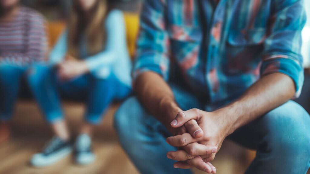 A sitting man's hands clasped, contemplating