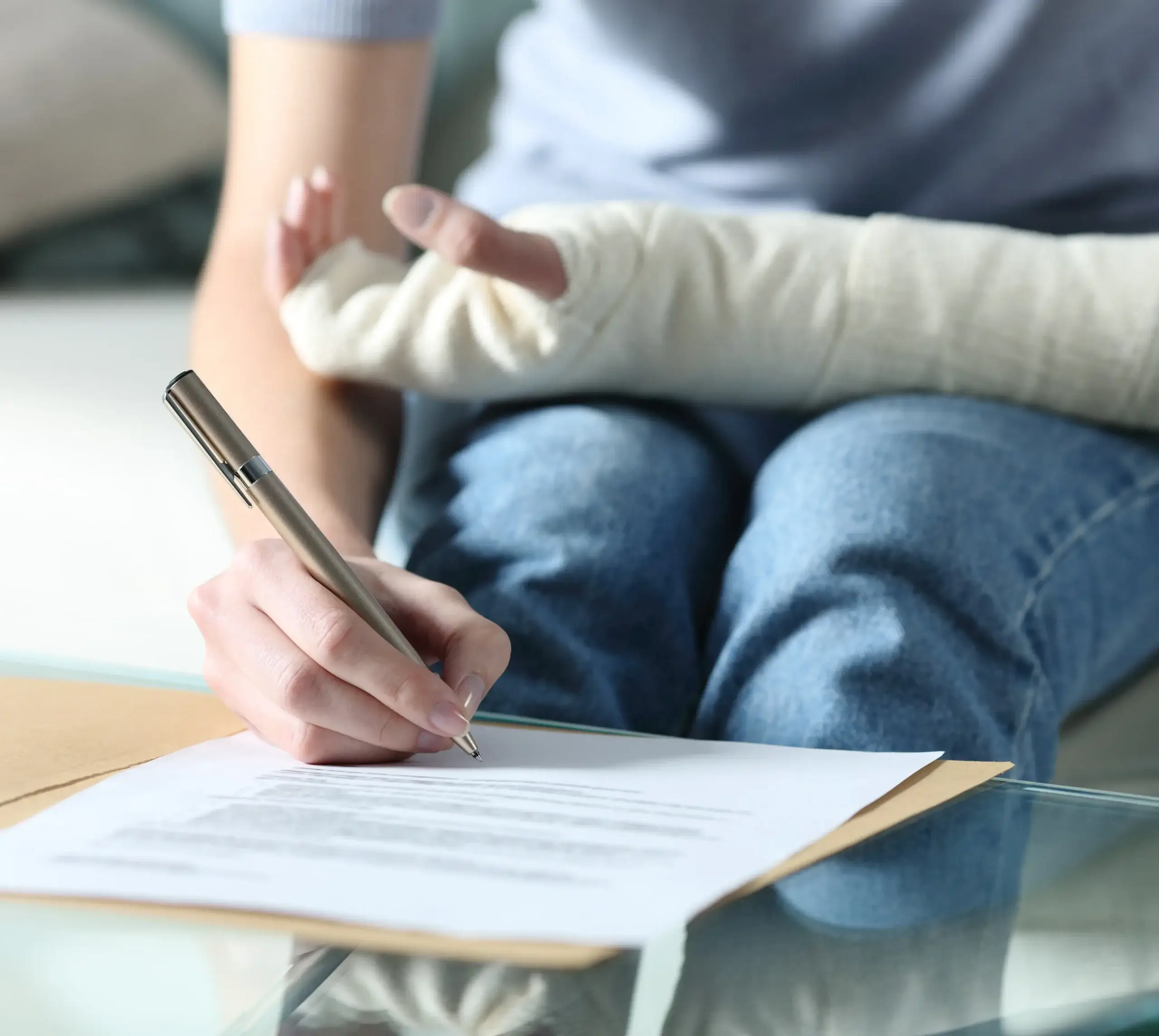 a person with a cast on their arm filling out a form